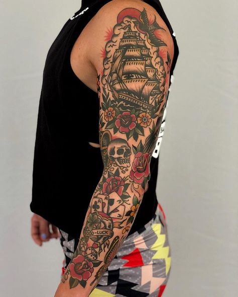 Neo Traditional Tattoo Sleeve Men, Neo Trad Sleeve, Martin Tattoo, Hip Tattoo Quotes, Old School Tattoo Sleeve, American Traditional Sleeve, Traditional Tattoo Man, Handwriting Tattoos, Hero Tattoo