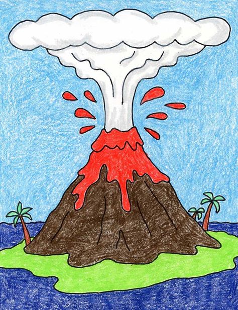 Easy How to Draw a Volcano Tutorial Video and Volcano Coloring Page How To Draw A Volcano, Kids Drawing Ideas Easy Nature, Natural Disasters Drawing, Theme Drawing Ideas, Volcano Coloring Page, Volcano Project For Kids, Nature Drawing For Kids, Volcano Drawing, Easy Nature Drawings