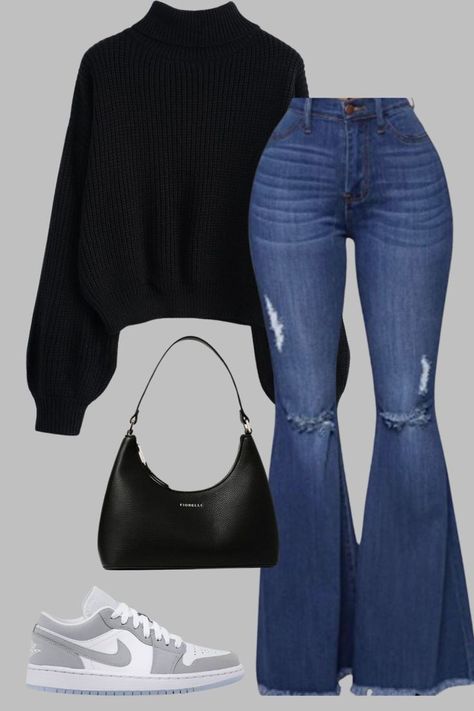 Winter Outfits Bootcut Jeans, Blue Flare Jeans Outfit Winter, Effortless Style Casual, Winter Fashion Outfits Casual, Night Out With Friends, Shein Outfits, Blue Trousers, Looks Street Style, Black Accessories