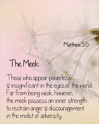 The meek: Those who appear powerless and insignificant in the eyes of the world. Far from being weak, however, the meek possess an inner strength to restrain anger and discouragement in the midst of adversity.  Blessed are the meek, for they shall inherit the earth.  Matthew 5:5 Blessed Are The Meek Quotes, The Meek Shall Inherit The Earth, Meekness Is Not Weakness, Meek Quotes, Meekness Quotes, God's Army, Adversity Quotes, Biblical Encouragement, Matthew 5