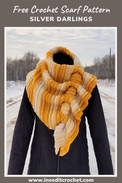 This is a very easy free crochet scarf pattern, designed by I Need It Crochet. It is a triangular keyhole scarf featuring the herringbone single crochet stitch. #freecrochetscarfpattern #crochetscarfpattern #crochetscarf #keyholescarf #trianglescarf Herringbone Single Crochet Stitch, Herringbone Single Crochet, Easy Crochet Triangle, Crochet Triangle Scarf Pattern, Crochet Triangle Pattern, Free Crochet Scarf, Triangle Scarf Crochet Pattern, Keyhole Scarf, Crochet Cowl Free Pattern