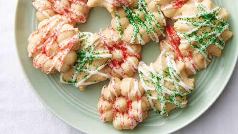 Eggnog Spritz Cookies Recipe - BettyCrocker.com Spritz Cookies Recipes, Cookie Dipper, Betty Crocker Cookies, Spritz Cookie Recipe, Eggnog Cookies, Rum Extract, Spritz Cookies, Egg Nog, Sprinkle Cookies