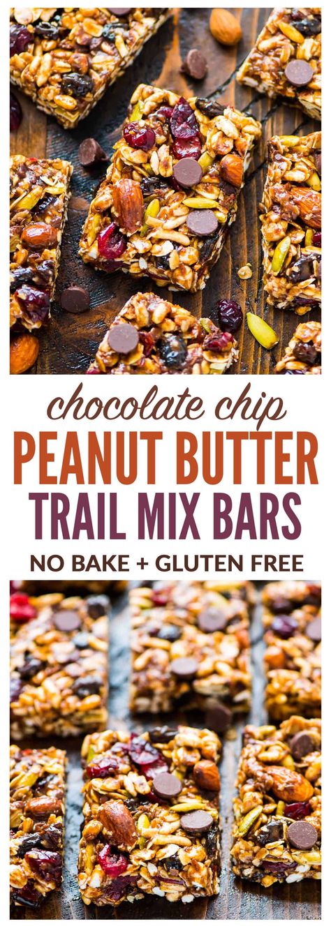 The BEST chewy trail mix granola bars with chocolate chips, oats, peanut butter, and honey! An easy no-bake recipe for an on-the-go snack! Trail Mix Bars, Bars With Chocolate Chips, Ella Vegan, Peanut Butter Granola Bars, College Snacks, Breakfast Bars Recipe, Energy Food, No Bake Granola Bars, Healthy Granola Bars