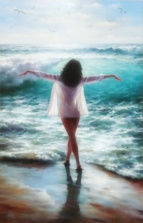 Angelcore Aesthetic, Ballet Painting, Painting Of A Woman, Aqua Art, Good Night Flowers, Dreamy Artwork, Fairytale Photography, Art Painting Gallery, Sea Painting