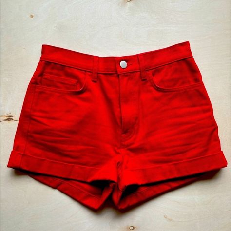 American Apparel Red Denim Shorts Nwot Size 26 Red Denim Shorts, Cuffed Denim Jeans, American Apparel Shorts, Vintage Jean Shorts, Red Denim, Cuffed Denim Shorts, High Waisted Mom Jeans, High Waisted Jean Shorts, Striped Jeans