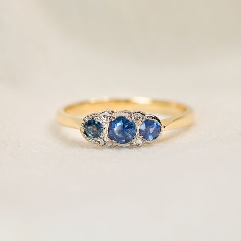 Edwardian Vintage Sapphire & Diamond Three Stone Trilogy Ring Size N - Engraved Detailing Engagement Ring or Perfect Birthstone Promise Ring by FarringdonsJewellery on Etsy Sapphire Trilogy Ring, Birthstone Promise Rings, Edwardian Ring, Trilogy Ring, Detailed Engagement Ring, Art Deco Diamond Rings, Vintage Sapphire, Art Deco Diamond, Elegant Ring