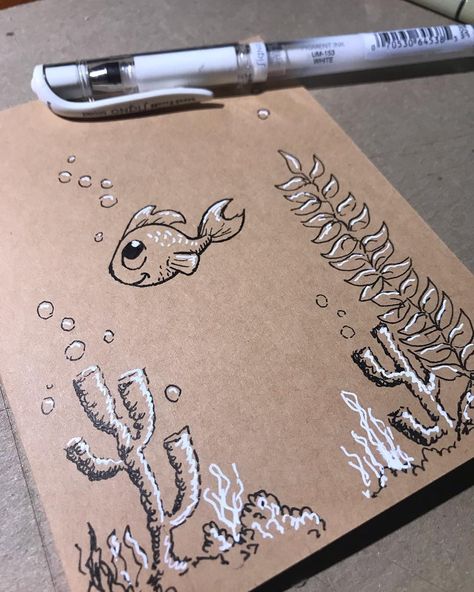 Mary Barrows on Instagram: “Playing with my new white gel pen 🖊 #drawing #gelpen #white #fish #tonedpaper #underwater #ink” Drawings With White Pen, White Gel Pen Art, Gel Pen Doodles, White Pen Drawing, Pen Arts, Gel Pen Drawings, Gel Pen Art, Pen Doodles, Space Drawings