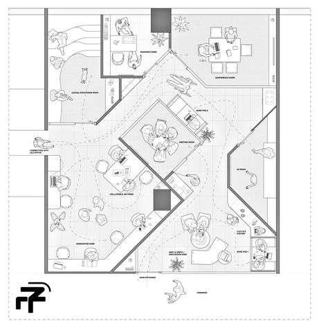 The 45 Degree Office is One of the Few Grand Experiments in Planning of Workspaces Office Interior Design Floor Plan, Office Building Design Plan, Office Floor Plan Architecture, Head Quarters Office Design, Co Working Space Plan, Office Design Floor Plan, Small Office Floor Plan, Office Floor Plan Layout, Office Interior Design Plan