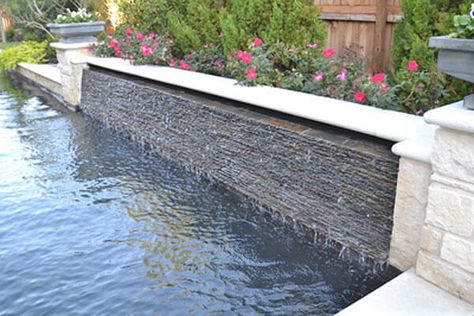 Chipped Slate pool water wall, design by Mike Farley, build by Claffey Pools - click to visit Contemporary Pool, Water Feature Wall, Small Water Features, Pool Water Features, Pool Remodel, Water Wall, Waterfall Wall, Pool Fountain, Backyard Water Feature