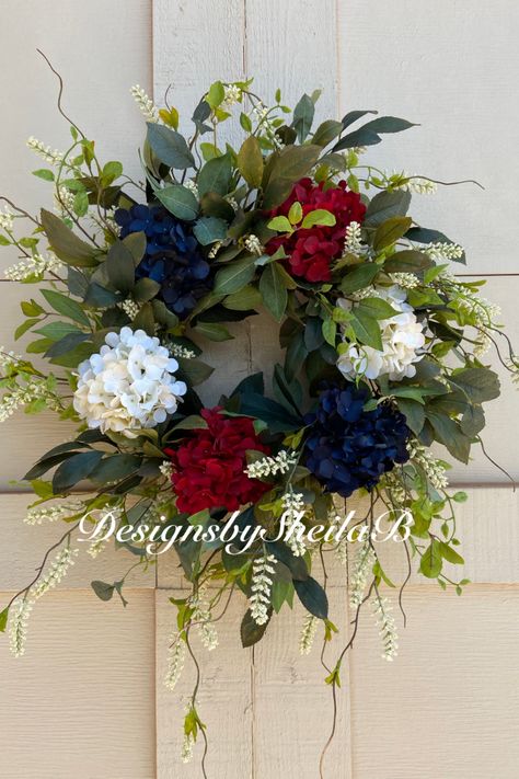 American Wreaths For Front Door, Fourth Of July Flower Arrangements, Patriotic Wreaths For Front Door, Patriotic Door Decorations, Blue Flower Wreath, Blue Hydrangea Wreath, Patriotic Door Wreath, Church Sanctuary, Prom Planning