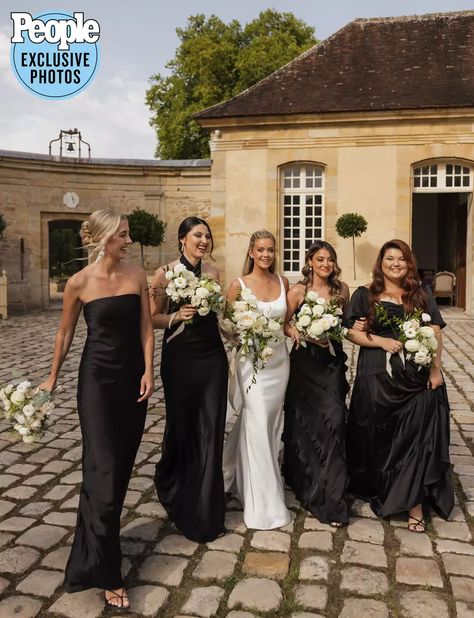 Different Bridesmaid Dresses Black, Timeless Wedding Bridal Party, Wedding Themes Timeless, Black Moh Dress, Black Satin Bridal Party, Black Mismatch Bridesmaid Dresses, Black Silk Bridesmaid Dress Wedding, Black Bridesmaid Dress Aesthetic, Mix Match Bridesmaid Dresses Black