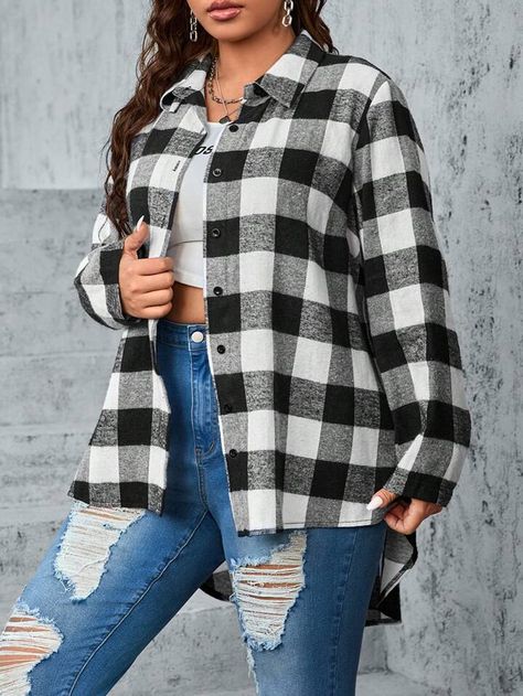 SHEIN EZwear Camisa con estampado de cuadros | SHEIN USA Black And White Checkered Shirt Outfit, Black And White Check Shirt Outfit Women, Black And White Plaid Shirt Outfit, Check Shirts For Girls, White Plaid Shirt Outfit, Check Shirt Outfit Women, Black And White Checkered Shirt, Checked Shirt Outfit, Black Check Shirt