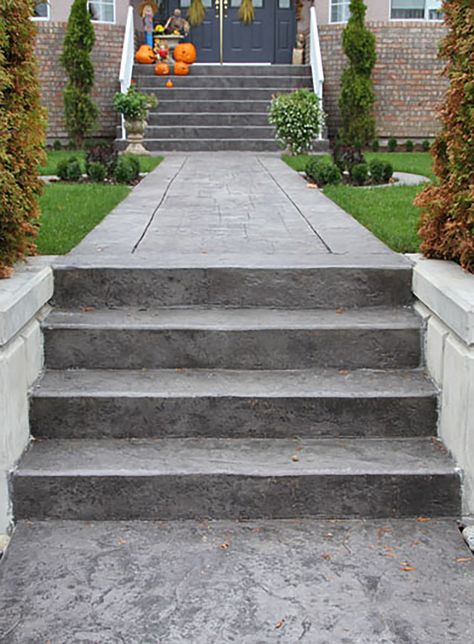 Stamped Concrete Stairs Entrance Stairs Entryway, Stamped Concrete Stairs, Stamped Concrete Steps, House Walkway, Mountain Landscaping, Stairs Entryway, Deck Over Concrete, Stamped Concrete Walkway, Contemporary Exterior Doors