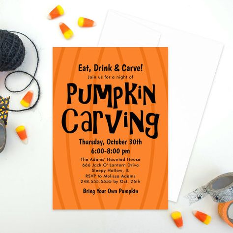 Pumpkin Carving Orange and Black Halloween Party Halloween Invitations - halloween, pumpkin carving, eat drink and carve, carve pumpkins, halloween party, orange and black, pumpkin, jack o lantern, modern, typography Black Halloween Party, Pumpkin Carving Party Invitations, Carve Pumpkins, Pumpkin Carving Contest, Pumpkin Carving Party, Pumpkin Jack O Lantern, Amazing Pumpkin Carving, Free Birthday Card, Fun Pumpkins