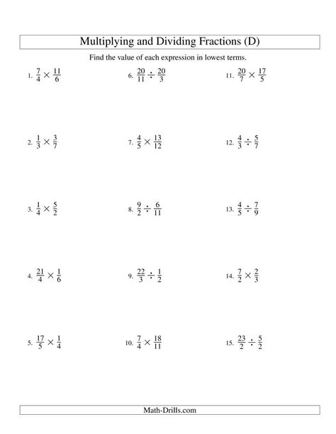 The Multiplying and Dividing Fractions (D) Math Worksheet from the Fractions Worksheets Page at Math-Drills.com. Divide Worksheet, Dividing Fractions Worksheets, Fractions Division, Multiplying Fractions Worksheets, Multiplying And Dividing Fractions, Multiplication And Division Worksheets, Math Fractions Worksheets, Pre Algebra Worksheets, Fractions Multiplication