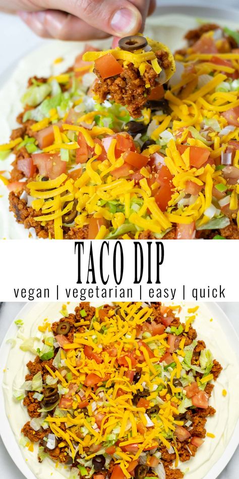 Taco Dip Recipe, Vegan Ground Beef, Vegan Taco, Vegan Party, Eating Vegan, Vegan Cheddar, Vegan Dip, Light Meals, Taco Dip