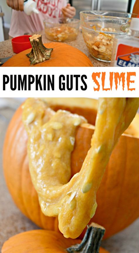 DIY Pumpkin Guts Slime - Fun Halloween Craft for Kids! Diy Pumpkin Seeds, Pumpkin Slime, Diy Projects For Fall, Pumpkin Science, Pumpkin Guts, Leftover Pumpkin, Pumpkin Activities, Fun Fall Crafts, Fun Halloween Crafts