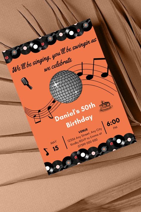 Looking to bring your family and friends together to celebrate hitting another milestone and need some invitations? Look no further! These unique, adorable and digital vinyl record party invitations are the ones for you! Enjoy and send this template today! Size: 5 x7 in , best pins on Pinterest, pin templates, Pinterest pin designs Retro Birthday Invitation, Orange Template, Record Party, Retro Birthday Parties, Retro Invitation, 60s Party, Pin Template, Retro Birthday, 60s Retro