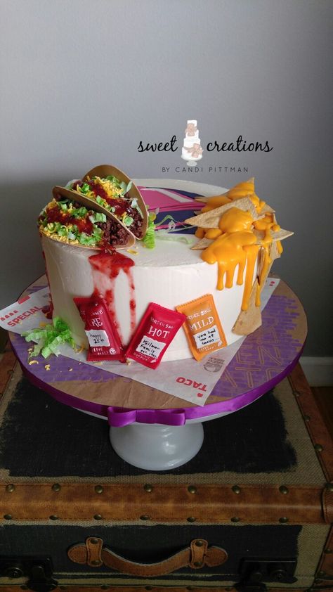 Taco Bell inspired anniversary cake #sweetcreationsbycandi lemon cake with vanilla buttercream. Taco Cake, Fiesta Cake, Realistic Cakes, 33rd Birthday, Creative Birthday Cakes, Creative Desserts, Crazy Cakes, Special Occasion Cakes, Unique Cakes