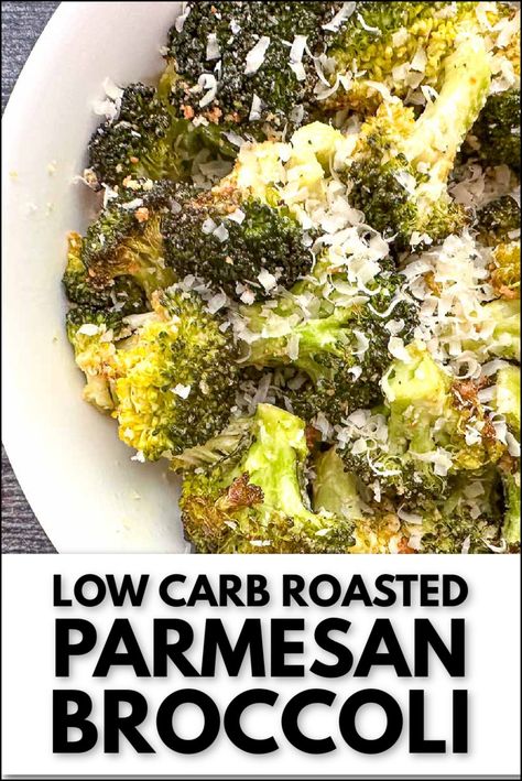 white bowl with roasted parmesan broccoli and text Easy Keto Broccoli Recipes, Keto Broccoli Side Dishes, Low Carb Sides For Steak, No Carb Sides, Low Carb Broccoli Recipes, Broccoli Keto Recipes, Low Carb Sides Dishes, Keto Broccoli Recipes, Roasted Parmesan Broccoli