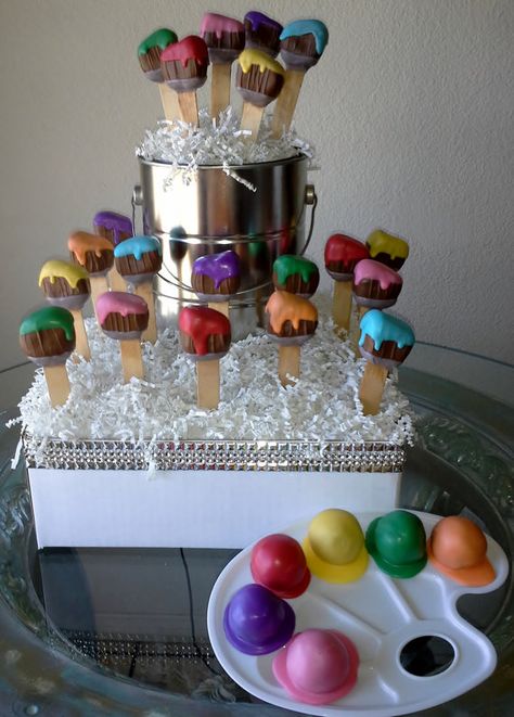 Paint Brush Cake Pops Paint Brush Cake, Cake Pop Favors, Decorated Marshmallows, Pop Art Party, Art Themed Party, Power Of Knowledge, Artist Cake, Artist Birthday, Art Cake