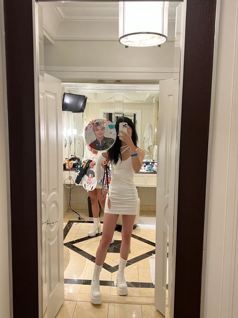 dress is from maniere devoire boots are windsor smith Kpop Boots Outfit, White Boots Concert Outfit, Concert Outfit Boots, Windsorsmith Boots, Madison Beer Dress To Impress, Windsor Smith White Boots, Windsor Smith Boots, Madison Beer Spinnin Tour Outfits, Windsor Smith Sneakers