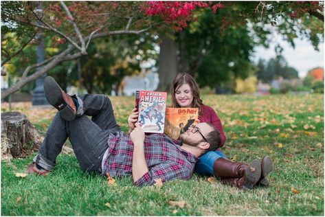 Harry Potter Engagement Session | Portsmouth, New Hampshire | Caitlin Page Photography Dnd Engagement Photos, Engagement Photos Books, Cosplay Engagement Photos, Harry Potter Engagement Announcement, Harry Potter Engagement Photos, Nerdy Engagement Photos, Book Engagement Photos, Engagement Photos Harry Potter, Harry Potter Engagement