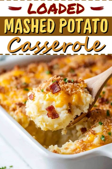 This loaded mashed potato casserole is easy, cheesy, and delicious! It's packed with mashed potatoes, cream cheese, bacon, and more! Twice Baked Potato Casserole With Bacon, Mashed Potato Breakfast Casserole, Potato’s For A Crowd, Cheese Potatoes Baked, Mashed Potatoes Cream Cheese, Easy Potato Side Dishes, Potatoes Cream Cheese, Potato Cheese Casserole, Cheesy Mashed Potatoes Recipe