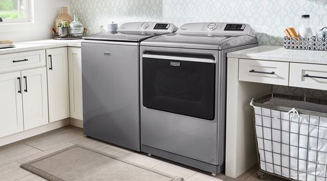 Maytag® top loading washer and dryer in a laundry room Stackable Laundry, Laundry System, Wall Oven Microwave, Bottom Freezer, Counter Depth, Double Oven, Double Wall Oven, French Door Refrigerator, Microwave Oven