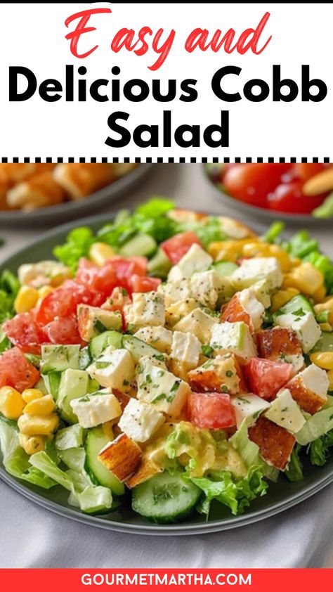 This vibrant and satisfying Cobb Salad is packed with fresh veggies, tender chicken, crispy bacon, creamy avocado, and a tangy dressing. Perfect for lunch or dinner, this healthy and easy-to-make salad will be your new go-to favorite. Try this delicious recipe, perfect for any occasion! #CobbSalad #HealthyRecipes #EasyMeals #SaladRecipe #QuickDinner #FreshIngredients #MealPrep #AvocadoLovers #LowCarbMeals #SaladInspo Kid Friendly Salads, Cobb Salad Recipes, Cobb Pasta Salad, Kid Friendly Salad, Chef Salad Recipes, Classic Cobb Salad, Cobb Salad Recipe, Layered Salad Recipes, Chicken Crispy