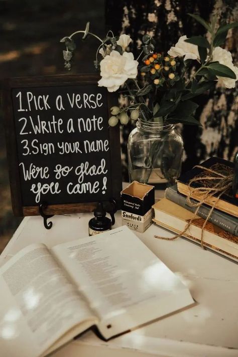 Rustic Spring Wedding, Wedding Guest Book Table, Diy Guest Book, Wedding Bible, Diy Wedding Table, Wedding Chalkboard Signs, Wedding Readings, Verses About Love, Church Wedding Decorations