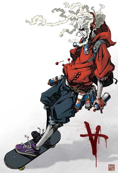 A Vanarchist by Takashi Okazaki Arte Pin Up, Afro Samurai, Skate Art, Arte Cyberpunk, Japon Illustration, Samurai Art, Poses References, Writing Project, Skateboard Art