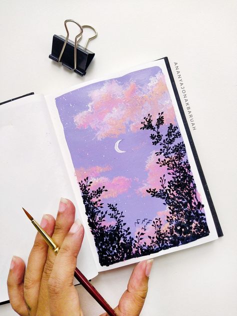 Painting of a beautiful evening Sky Aesthetic Painting, Pastel Sky Painting, Evening Sky Painting, Gauche Art, Sky Watercolor Painting, Cherry Blossom Painting Acrylic, Mini Sketchbook, Diy Canvas Art Easy, Sunset Canvas Painting