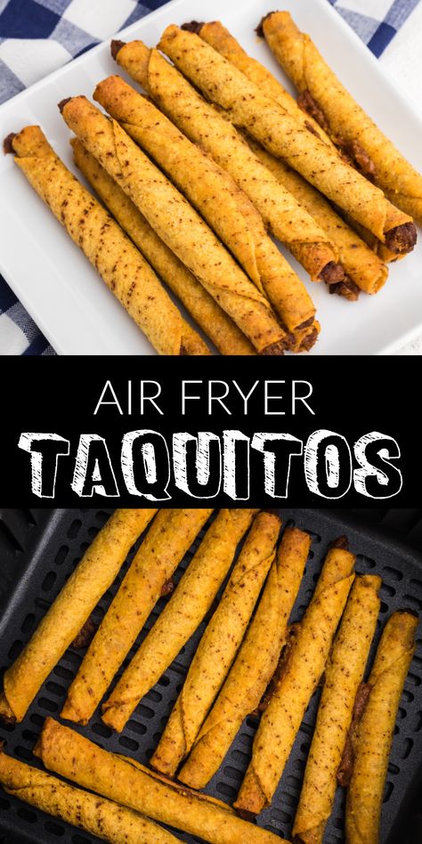 Frozen chicken or beef taquitos - straight from your freezer to your air fryer for delicious Mexican-inspired dinner! The air fryer crisps the tortillas to perfection while leaving the meat on the inside hot, juicy, and delicious. Top these tasty taquitos off with some sour cream, cheese, salsa, guacamole, or any other toppings of choice and you've got an excellent appetizer, snack, lunch, or dinner that is so simple to prepare. Frozen Taquitos In Air Fryer, Air Fryer Frozen Taquitos, Taquitos Air Fryer, Frozen Taquitos, Air Fryer Taquitos, Quick And Easy Snacks, Beef Taquitos, Taquitos Beef, Salsa Guacamole