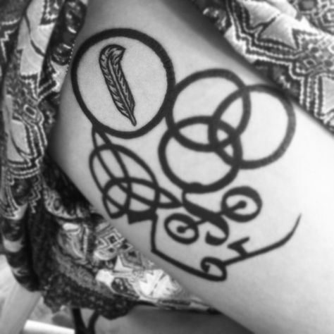 My Led Zeppelin tattoo, on my thigh. It means a lot to me. Each symbol represents a member of the band. Led Zeppelin Tattoo Ideas, Led Zeppelin Tattoos, Led Zeppelin Quotes, Led Zeppelin Album Covers, Led Zeppelin Logo, Led Zeppelin Tattoo, Led Zeppelin Albums, Nose Piercings, Led Zep