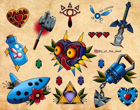 Zelda Windwaker Tattoo, Zelda Ocarina Of Time Tattoo, Ocarina Tattoo, Legend Of Zelda Tattoo Ideas, Ocarina Of Time Tattoo, Majoras Mask Tattoo, Zelda Tattoo Ideas, Majora's Mask Tattoo, Zelda Items