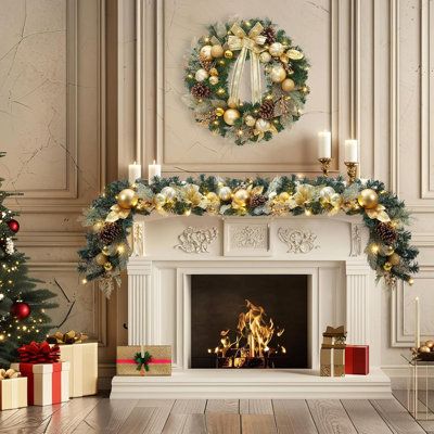 Elegant Design: Gold bowknot lighted Christmas wreath with LED lights for a festive touch. Odorless, harmless, and sturdy, this wreath can be stored and reused for years, maintaining its realistic appearance. Perfect for christmas wreaths for front door Rich and Full: Features rich individually crafted branch tips, creating a full-bodied decoration. Impress your family and friends with this stunning prelit christmas wreath that adds a touch of elegance to your holiday decor Battery Operated: The Christmas door wreath requires 3AA batteries (not included). This battery operated christmas wreath allows you to place it anywhere without needing a plug socket, making it a versatile addition to your xmas bow wreath collection Versatile Use: Suitable for both indoor and outdoor use, this christma Xmas Mantle Decorations, Fireplace Christmas Garland, Battery Operated Christmas Wreath, Decorating 2023, Pre Lit Christmas Garland, Pre Lit Christmas Wreaths, Xmas Garland, Gold Christmas Wreath, Fireplace Garland