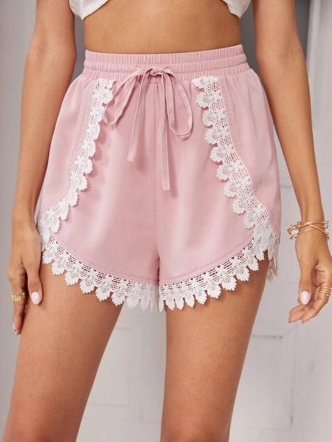 Contrast Lace Trim Overlap Hem Shorts | SHEIN USA Short Elegantes, Tulip Shorts, Women Bottoms, Women Shorts, Shein Style, Boho Shorts, Aesthetic Clothes, Drawstring Waist, Summer Women