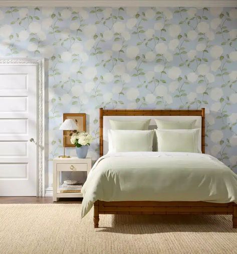 Charming Bedroom Refresh  – serena & lily Serena And Lily Bedroom, Hydrangea Wallpaper, Classic Hotel, Bedroom Design Inspiration, Serena And Lily, Beds And Headboards, Green Bedding, Elegant Drapes, Bedding Brands