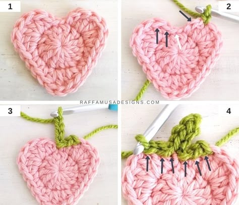 Crochet Strawberry Applique – Free Pattern • RaffamusaDesigns Crochet Puff Stitch Strawberry, Crochet Apliques Strawberry, Crochet Strawberry Granny Square Pattern Free, Strawberry Crochet Blanket Pattern, Crochet Strawberry Bandana Pattern Free, Crochet Strawberry Slice, Crochet Flat Strawberry, Strawberry Square Crochet, Crochet Strawberry Applique Pattern Free