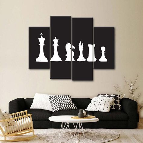 White Chess Set Multi Panel Canvas Wall Art | ElephantStock Chess Cafe, Chess Decor, Chess Room, Chess Logo, Wood Wall Design, Game Room Bar, Living Room Tv Unit Designs, Silhouette Wall Art, Game Room Decor