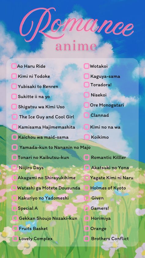 tags: list - anime - ao haru ride - clannad - orange - special a - romance Romance Anime Recommendations, Websites To Watch Anime, Romance Anime List, Materi Bahasa Jepang, Best Romance Anime, Romance Anime, Japanese Animated Movies, Anime Suggestions, Anime List