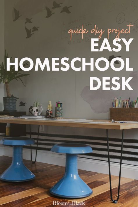 Are you setting up a homeschool room for back to school and need some ideas? Try this super easy DIY homeschool desk that takes only 15 minutes to build. This is a very affordable school desk that even a beginner can build, the perfect size desk for an elementary school kid ages 5 - 10. Get organized for the school year and set up your room now! This desk can be built in any size so it works in either a small space or a large room.    #homeschool  #diydesk #homeschoolsetup Diy Homeschool Table, Diy Homeschool Desk, Homeschool Table Ideas, Homeschool Desk Ideas Work Stations, Homeschool Table, Dreamy Office, Homeschool Desk, Homeschool Area, Diy Homeschool