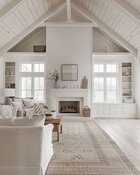 This living room totally captures the modern farmhouse vibe I love! With its vaulted ceilings and shiplap walls, it feels open and airy, but still super cozy. The built-in shelves around the fireplace? Such a great way to add a personal touch with your favorite decor, while keeping everything organized. I’m all about the mix of soft neutrals and textured accents that give the space warmth without feeling cluttered. Plus, with those big windows letting in all that natural light, it’s the perfe... Vaulted Ceiling Family Room, Fireplace With Vaulted Ceiling, Shiplap Vaulted Ceiling, Wall With Fireplace, Cathedral Ceiling Living Room, Family Room Couch, Built In Around Fireplace, Vaulted Living Room, Fireplace Windows