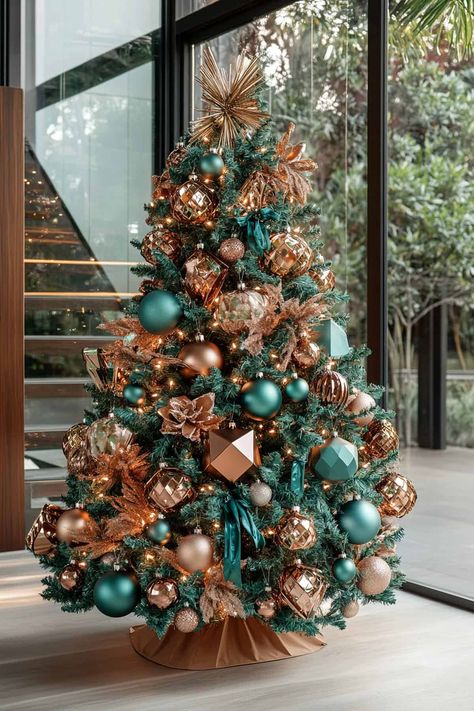 Rose Gold And Turquoise Christmas Tree, Teal Christmas Decor Ideas, Teal And Copper Christmas Tree, Rose Gold And Teal Christmas Tree, Teal And Pink Christmas Tree, Gold And Teal Christmas Tree, Rose Gold And Blue Christmas Tree, Christmas Tree Theme Ideas Color Schemes, Green Christmas Tree Decorations Themes