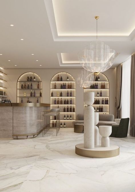 Gold interior with a luxury and glamorous design to it Luxury Salon Design, Luxury Salon Interior Design, Salon Lighting, Store Interior Design, Spa Interior Design, Salon Suites Decor, Hair Salon Interior, Clinic Interior Design, Pharmacy Design