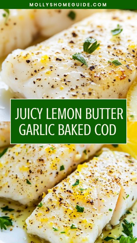 Discover a delightful dish with this flavorful recipe for lemon butter garlic baked cod. Let the zesty lemon, rich butter, and aromatic garlic elevate your next meal with their mouthwatering combination. This easy-to-make recipe is perfect for seafood lovers looking to add a delicious twist to their dinner routine. Treat yourself to a light and refreshing meal that is both satisfying and healthy. Impress your friends and family with this restaurant-worthy cod dish that can be prepared in no time Cod Batter Recipe, Lemon Butter Baked Cod Recipes, Baked Cod With Lemon And Garlic, Alaskan Cod Recipe Baked, Oven Baked Cod Recipes, Baked Cod Recipes Oven Easy, Cod Recipes Baked, Cod Recipes Oven, Garlic Butter Cod