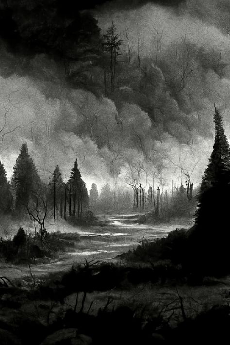 A terrifying picture of a forest from horror. Very foggy and dark The Forbidden Forest, Forbidden Forest, Forest Drawing, Black Metal Art, Dark Paintings, Dark Fantasy Artwork, Dark Spirit, Dark Landscape, Dark Artwork