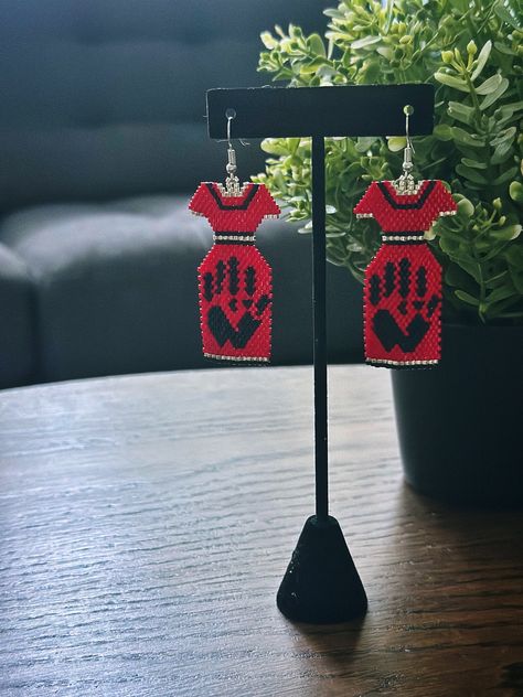 Mmiw Earrings, Red Dress Earrings, Beaded Red Dress, Bead Edging, Indigenous Beading, Red Beaded Dress, Canned Salmon, Dress Earrings, Native American Beadwork Patterns