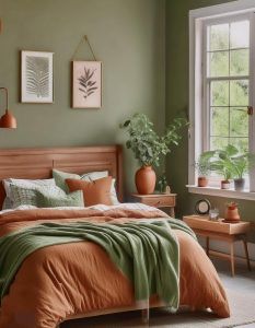 Green Terracotta Bedroom, Terracotta Bedroom Ideas, Cottagecore Color Palette, Dark Cottagecore Bedroom, Office Bedroom Ideas, Bedroom 2025, Black Iron Beds, Cottagecore Bedroom Ideas, Japandi Bedroom Ideas